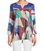 Color:Abstract Multi - Image 1 - Petite Size Abstract Knit Notch Neck 3/4 Sleeve Chiffon Trim Popover Tunic