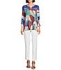 Color:Abstract Multi - Image 3 - Petite Size Abstract Knit Notch Neck 3/4 Sleeve Chiffon Trim Popover Tunic
