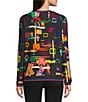 Ali Miles Petite Size Abstract Multi Stroke Knit V-Neck Long Sleeve Popover Top, Color:Abstract Multi - Image 2