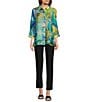 Color:Abstract Multi - Image 3 - Petite Size Abstract Print Point Collar 3/4 Sleeve Button-Front Tunic