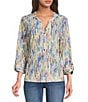 Ali Miles Petite Size Abstract Print Split V-Neck 3/4 Roll-Tab Sleeve Tunic, Color:Multi - Image 1