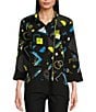 Color:Black Print - Image 1 - Petite Size Abstract Print Wire Collar 3/4 Sleeve Uneven Hem Button-Front Tunic