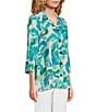 Color:Blue Print - Image 3 - Petite Size Abstract Print Woven Point Collar 3/4 Sleeve Vented Hem Button-Front Tunic