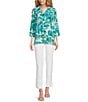 Color:Blue Print - Image 5 - Petite Size Abstract Print Woven Point Collar 3/4 Sleeve Vented Hem Button-Front Tunic