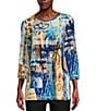 Color:Multi - Image 1 - Petite Size Abstract Print Woven Scoop Neck 3/4 Sleeve Pop Over Tunic