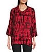 Ali Miles Petite Size Abstract Stroke Cowl Collar 3/4 Dolman Sleeve Popover Tunic, Color:Black Print - Image 1