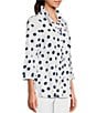 Color:Navy Print - Image 4 - Petite Size Allover Dot Print Wire Collar 3/4 Sleeve Button-Front Tunic
