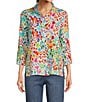 Color:Floral Multi - Image 1 - Petite Size Allover Floral Print Linen Blend 3/4 Sleeve Button-Front High-Low Tunic