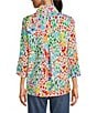 Color:Floral Multi - Image 2 - Petite Size Allover Floral Print Linen Blend 3/4 Sleeve Button-Front High-Low Tunic