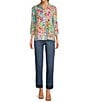 Color:Floral Multi - Image 3 - Petite Size Allover Floral Print Linen Blend 3/4 Sleeve Button-Front High-Low Tunic