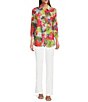 Color:Multi - Image 3 - Petite Size Burnout Knit Multi Floral Print Point Collar 3/4 Sleeve Button Front Top