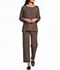 Ali Miles Petite Size Coordinating Knit Yarn Dye Stripe Straight Leg Pull-On Pants - Image 3