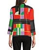 Ali Miles Petite Size Crinkle Pleated Textured Geo Multi Print Stand Collar 3/4 Sleeve Button-Front Shirt, Color:Geo Multi - Image 2