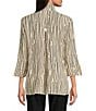 Ali Miles Petite Size Crinkle Woven Abstract Stripe Wire Collar 3/4 Sleeve Button Front Tunic, Color:Khaki - Image 2