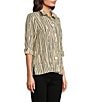 Ali Miles Petite Size Crinkle Woven Abstract Stripe Wire Collar 3/4 Sleeve Button Front Tunic, Color:Khaki - Image 7