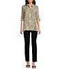 Ali Miles Petite Size Crinkle Woven Abstract Stripe Wire Collar 3/4 Sleeve Button Front Tunic, Color:Khaki - Image 9