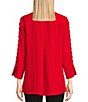 Color:Red - Image 2 - Petite Size Crinkle Woven Point Collar Sheer Detailing Sleeve High-Low Button Front Tunic