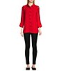 Color:Red - Image 3 - Petite Size Crinkle Woven Point Collar Sheer Detailing Sleeve High-Low Button Front Tunic