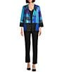 Ali Miles Petite Size Faux Suede Abstract Stand Collar Long Cuffed Sleeve Button Front Jacket, Color:Blue Multi - Image 3