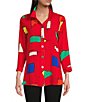 Color:Red Print - Image 1 - Petite Size Geometric Abstract Print Wire Collar 3/4 Sleeve Tunic