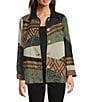 Ali Miles Petite Size Geometric Patchwork Point Collar Long Sleeve Embroidered Trim Button-Front Jacket, Color:Antique Green - Image 1