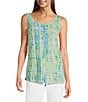 Ali Miles Petite Size Green Abstract Print Button Front Tank Set, Color:Green Print - Image 3