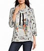 Ali Miles Petite Size Knit Abstract Dog Cowl Neck Drawstring Long Sleeve Pullover - Image 1