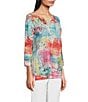 Color:Abstract Multi - Image 3 - Petite Size Knit Abstract Print Round Neck 3/4 Sleeve Double Layered Popover Tunic