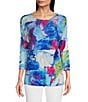 Color:Abstract Multiple - Image 1 - Petite Size Knit Abstract Print Round Neck 3/4 Sleeve Tunic