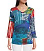 Color:Multi - Image 1 - Petite Size Knit Abstract Print V-Neck 3/4 Sleeve Pocket Top