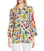Color:Floral Multiple - Image 1 - Petite Size Knit Floral Print Point Collar 3/4 Bell Sleeve Button-Front Tunic