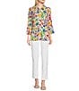Color:Floral Multiple - Image 3 - Petite Size Knit Floral Print Point Collar 3/4 Bell Sleeve Button-Front Tunic