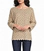 Ali Miles Petite Size Knit Geometric Round Neck 3/4 Sleeve Scalloped Hem Top - Image 1