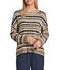Ali Miles Petite Size Knit Yarn-Dye Stripe Scoop Neck Long Sleeve Scalloped Hem Sweater - Image 1