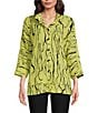 Color:Soft Lime - Image 1 - Petite Size Line Abstract Print Woven Wire Collar 3/4 Sleeve Button-Front Tunic