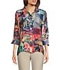 Color:Abstract Multi - Image 1 - Petite Size Patchwork Print Wire Collar 3/4 Sleeve Button-Front Tunic
