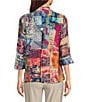 Color:Abstract Multi - Image 2 - Petite Size Patchwork Print Wire Collar 3/4 Sleeve Button-Front Tunic