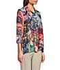 Color:Abstract Multi - Image 4 - Petite Size Patchwork Print Wire Collar 3/4 Sleeve Button-Front Tunic