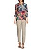 Color:Abstract Multi - Image 5 - Petite Size Patchwork Print Wire Collar 3/4 Sleeve Button-Front Tunic