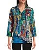 Color:Abstract Multi - Image 1 - Petite Size Printed Knit Point Collar 3/4 Sleeve Button Front Tunic