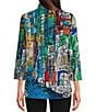 Color:Abstract Multi - Image 2 - Petite Size Printed Knit Point Collar 3/4 Sleeve Button Front Tunic