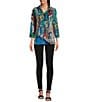 Color:Abstract Multi - Image 3 - Petite Size Printed Knit Point Collar 3/4 Sleeve Button Front Tunic