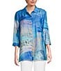 Ali Miles Petite Size Printed Point Collar 3/4 Sleeve Button Front Tunic, Color:Blue Multi - Image 1
