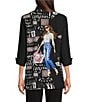 Ali Miles Petite Size Printed Wire Collar 3/4 Roll-Tab Sleeve Button-Front Tunic, Color:Multi - Image 2