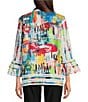 Ali Miles Petite Size Printed Woven Wire Collar 3/4 Bell Sleeve Button Front Tunic, Color:Abstract Multiple - Image 2