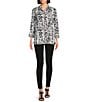Color:Black/White - Image 5 - Petite Size Printed Woven Wire Collar 3/4 Sleeve Button-Front Tunic