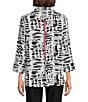 Color:Black/White - Image 2 - Petite Size Printed Woven Wire Collar 3/4 Sleeve Button-Front Tunic