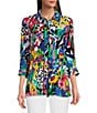 Color:Multi - Image 1 - Petite Size Printed Woven Wire Collar 3/4 Sleeve Contrast Trim Detail Button-Front Tunic