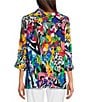 Color:Multi - Image 2 - Petite Size Printed Woven Wire Collar 3/4 Sleeve Contrast Trim Detail Button-Front Tunic