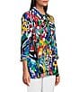 Color:Multi - Image 3 - Petite Size Printed Woven Wire Collar 3/4 Sleeve Contrast Trim Detail Button-Front Tunic